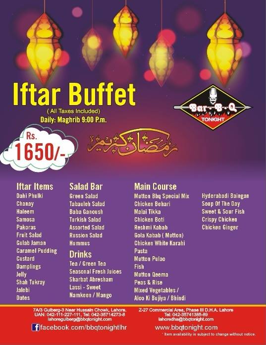 Bar BQ Tonight Lahore Iftar Buffet Dinner Deal 2017 What's On Sale